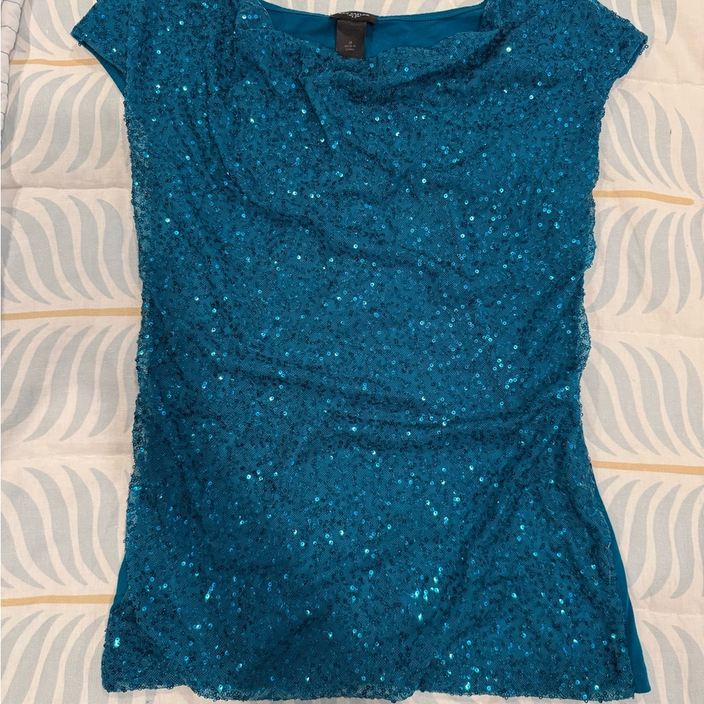 Ann Taylor Teal Sequined Cap-Sleeve Top